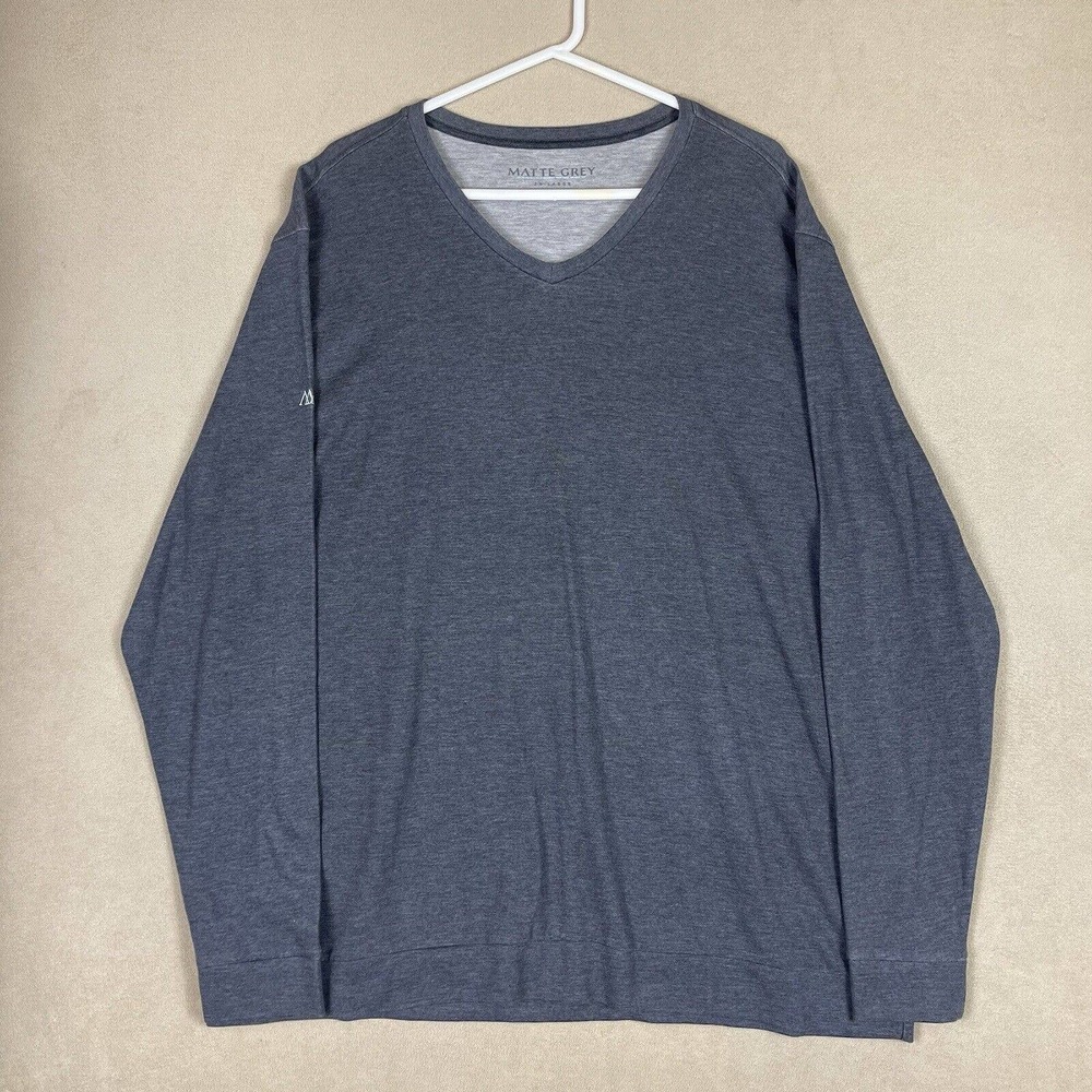 Matte Grey Mens XXL‎ Long Sleeve V Neck T-Shirt Gray Cotton Blend Logo
